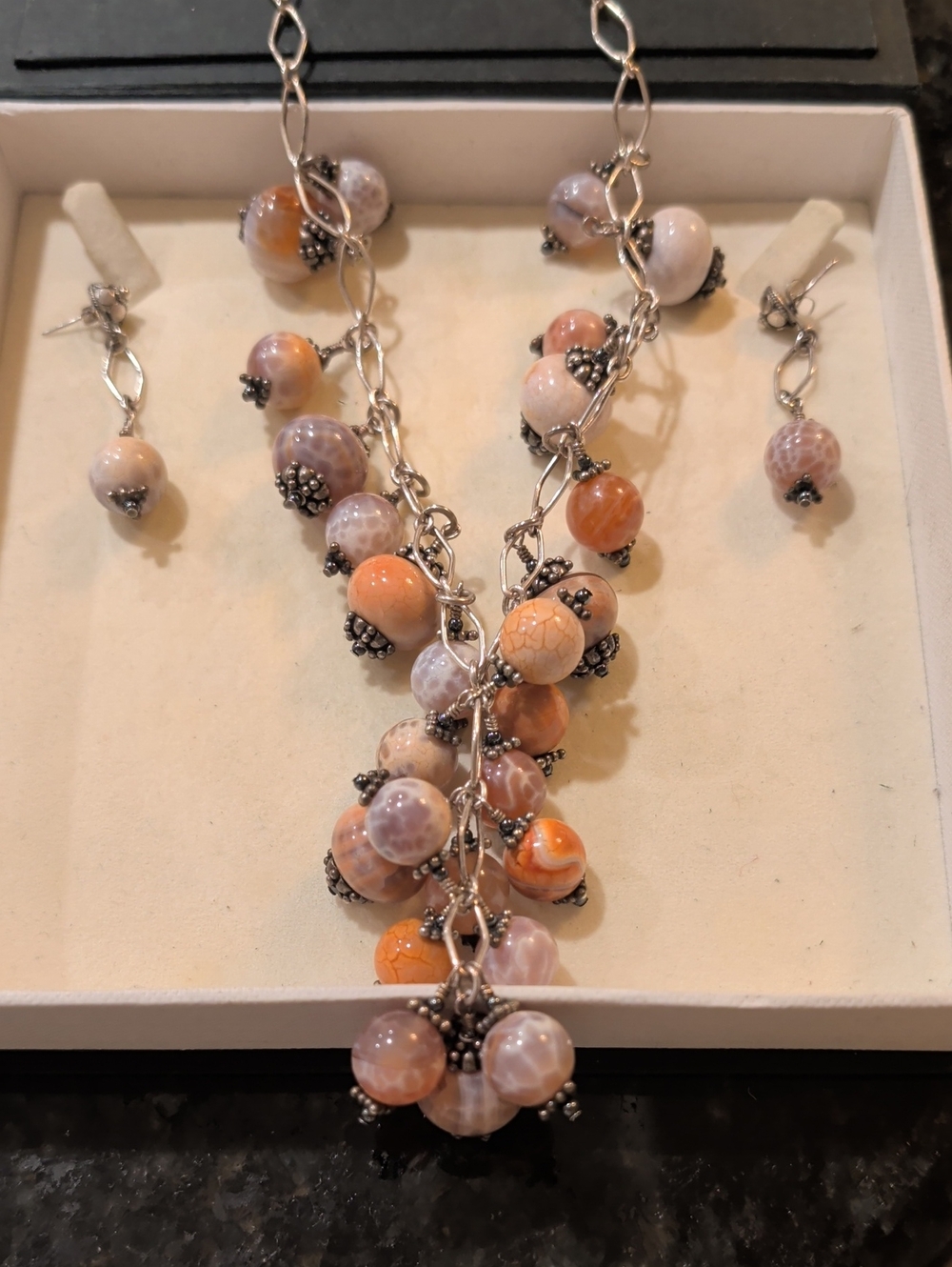 Agate Orange & Cream Beaded Cluster Necklace Earrings and Bracelet Silver 925